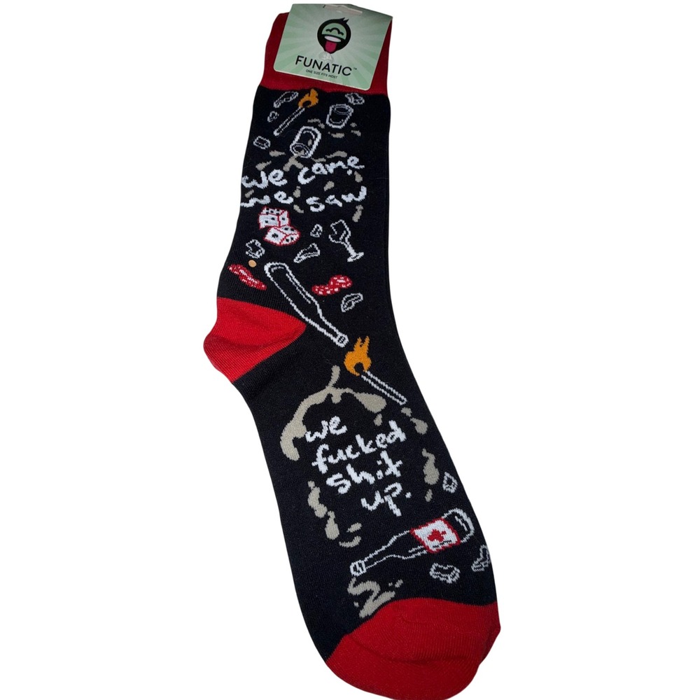 Funatic We Came We Saw We Fucked Shit Up Novelty Crew Socks Black Red One Size